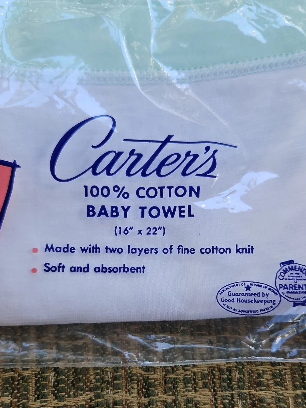 Carter's White Baby Towel with Light Aqua Trim Vintage 100% Cotton 16